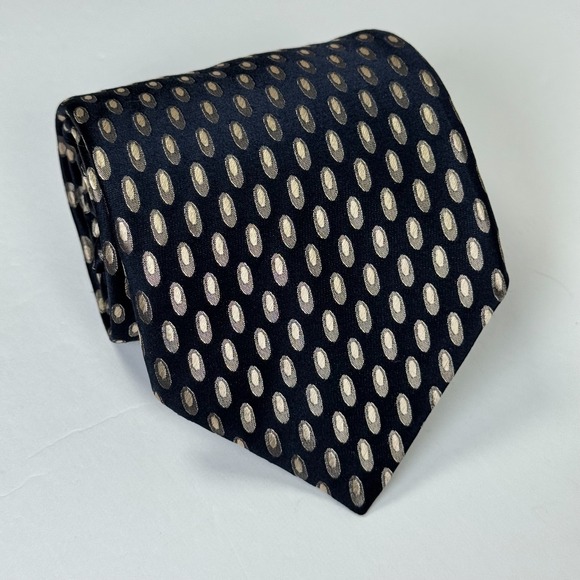 Paul Smith Tie Silk Made in England Navy Blue Metallic Champagne Oval Geometric - Picture 2 of 11